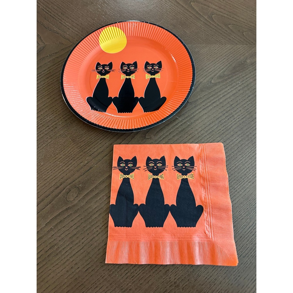 Vintage Halloween Black Cat Party Set Orange Plate and Napkin Mid Century Style